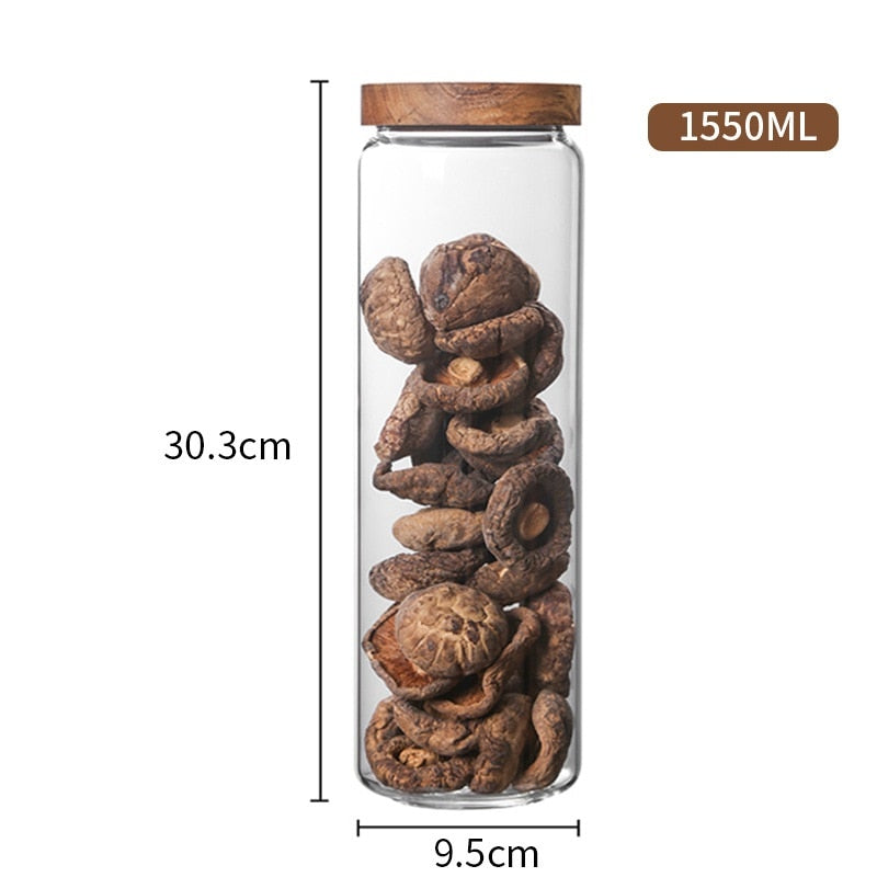 Wood Lid Glass Airtight Canister Kitchen Storage Bottles Jar Sealed Food Container Tea Coffee Beans Grains Candy Jars Orgnizer