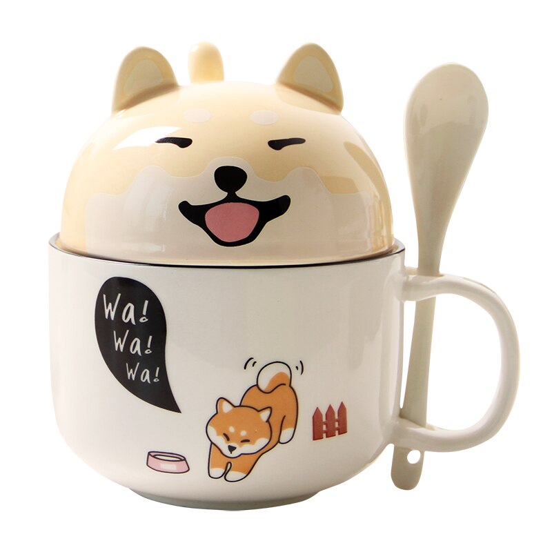 New 350ml Kawaii Shiba Inu Mug Cute Cartoon Ceramics Mug With Lid and Spoon Coffee Milk Tea Mugs Breakfast Cups Drinkware Gifts