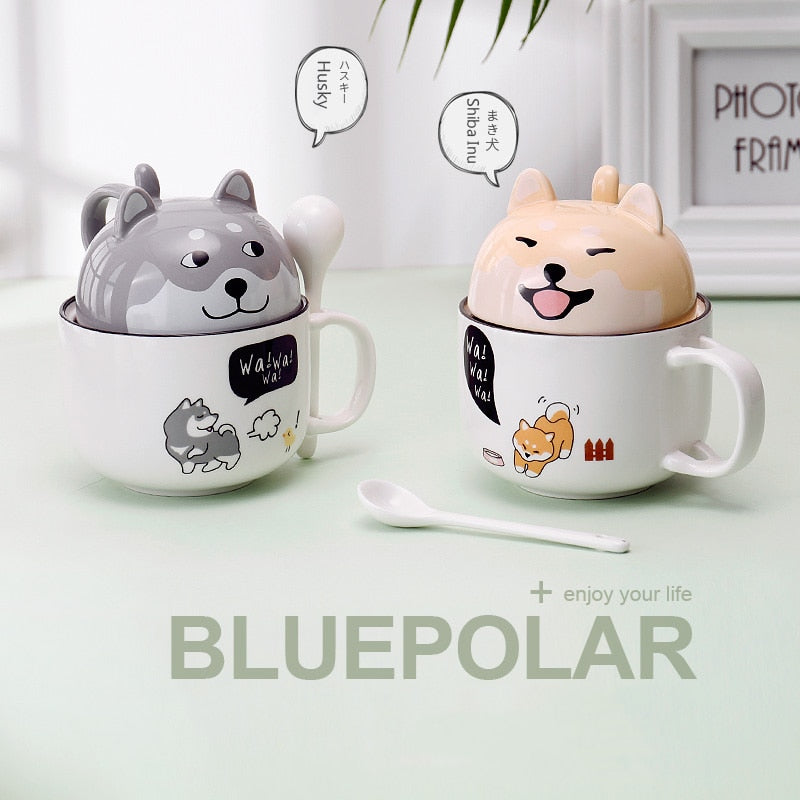 New 350ml Kawaii Shiba Inu Mug Cute Cartoon Ceramics Mug With Lid and Spoon Coffee Milk Tea Mugs Breakfast Cups Drinkware Gifts