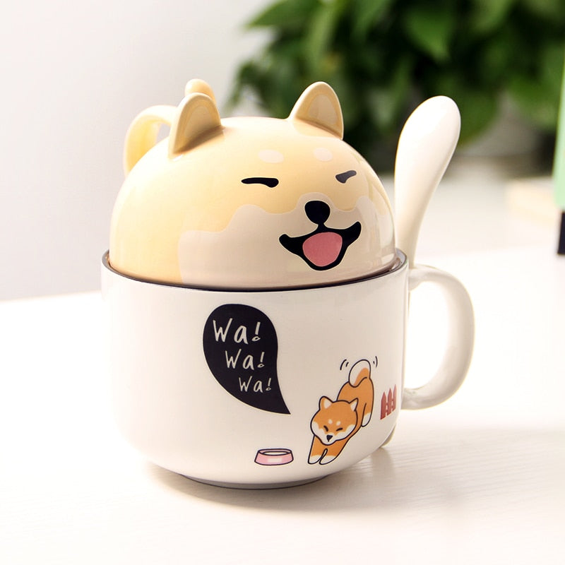 New 350ml Kawaii Shiba Inu Mug Cute Cartoon Ceramics Mug With Lid and Spoon Coffee Milk Tea Mugs Breakfast Cups Drinkware Gifts