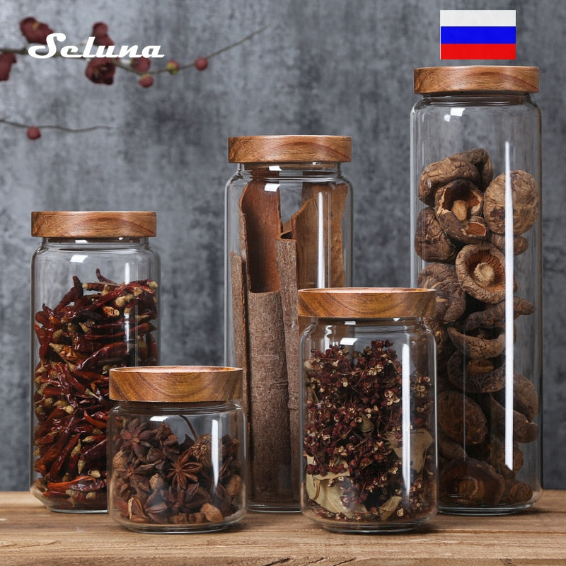 Wood Lid Glass Airtight Canister Kitchen Storage Bottles Jar Sealed Food Container Tea Coffee Beans Grains Candy Jars Orgnizer