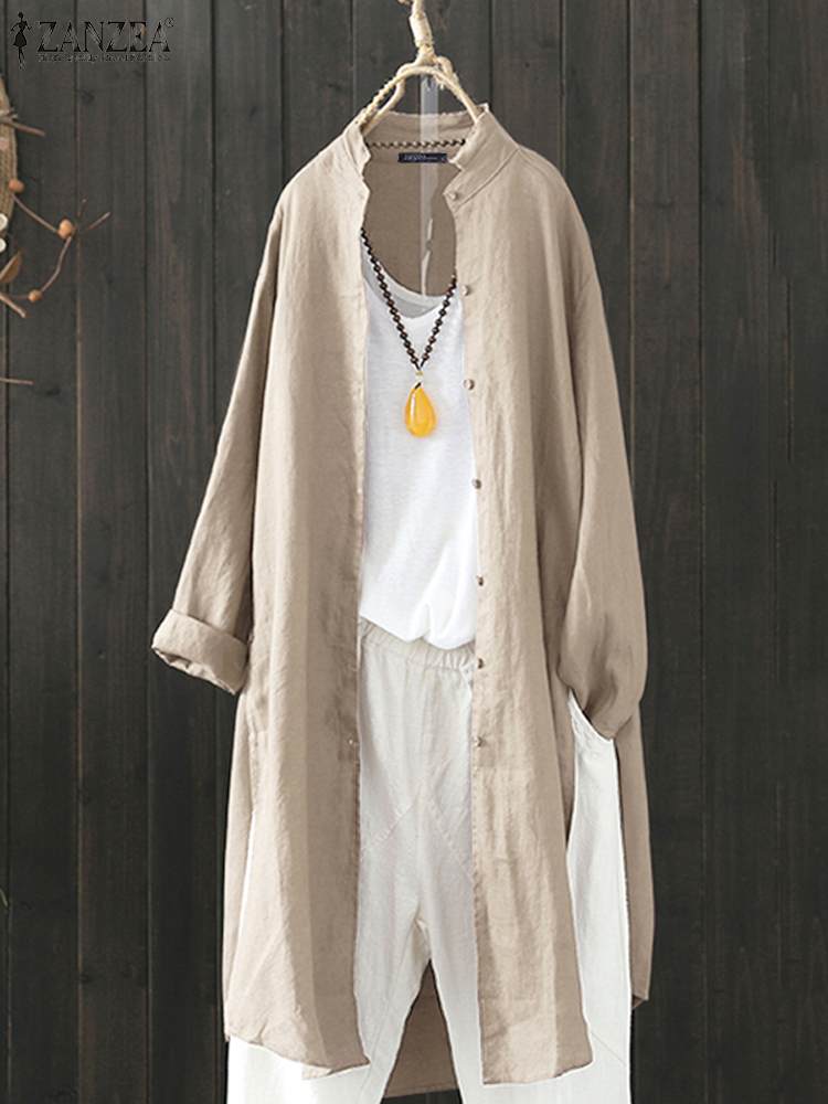 ZANZEA 2022 Summer Solid Long Shirt Women Casual Lapel Long Sleeve Tunic Tops Vintage Cotton Summer Blouse Oversize  OL Cardigan